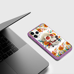 Чехол iPhone 11 Pro матовый Череп украшенный растениями и цветами в стиле квил, цвет: 3D-фиолетовый — фото 2