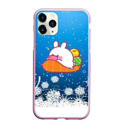 Чехол iPhone 11 Pro матовый Зайчонок с телефоном, цвет: 3D-розовый