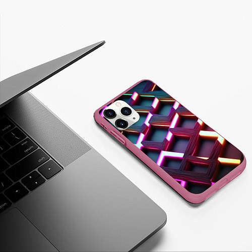 Чехол iPhone 11 Pro матовый Проблеск неоновых квадратов / 3D-Малиновый – фото 3
