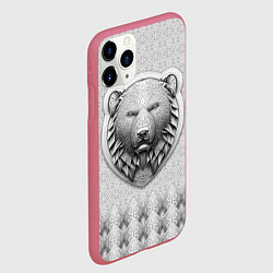 Чехол iPhone 11 Pro матовый Медведь чёрно-белый барельеф с этническим орнамент, цвет: 3D-малиновый — фото 2