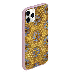 Чехол iPhone 11 Pro матовый Золотистый паттерн с цветами и серыми ромбами, цвет: 3D-розовый — фото 2