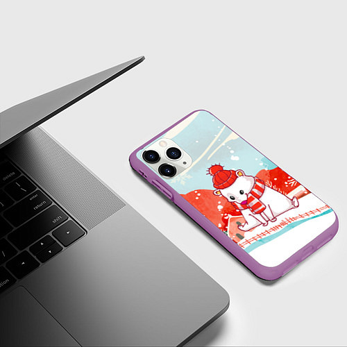 Чехол iPhone 11 Pro матовый Белый мишка новый год / 3D-Фиолетовый – фото 3