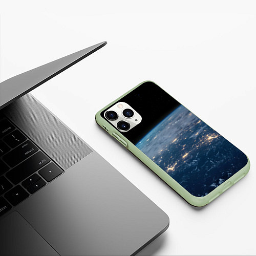 Чехол iPhone 11 Pro матовый Планета, космос и огни / 3D-Салатовый – фото 3