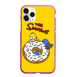 Чехол iPhone 11 Pro матовый Гомер Симпсон ест пончик, цвет: 3D-малиновый