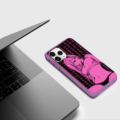 Чехол iPhone 11 Pro матовый Человек - бензопила Пауэр в топике / 3D-Фиолетовый – фото 3