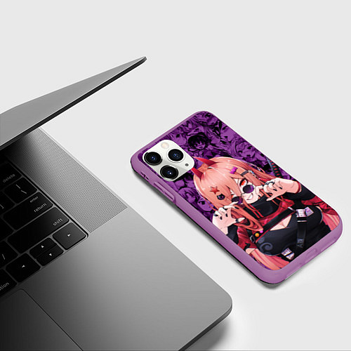 Чехол iPhone 11 Pro матовый Человек - бензопила Пауэр и фиолетовый ахегао / 3D-Фиолетовый – фото 3