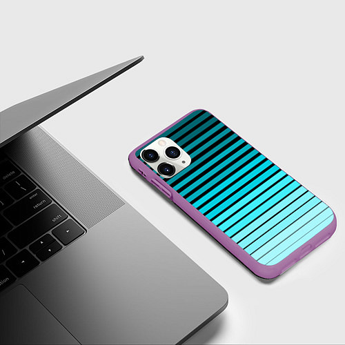 Чехол iPhone 11 Pro матовый Голубые полосы на черном / 3D-Фиолетовый – фото 3