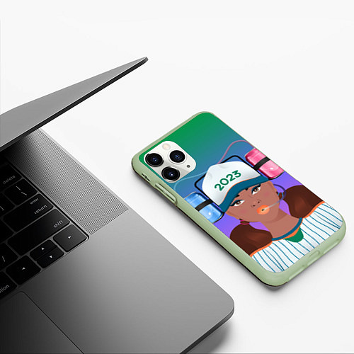 Чехол iPhone 11 Pro матовый Девушка фанатик / 3D-Салатовый – фото 3