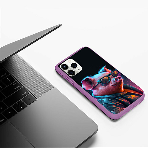 Чехол iPhone 11 Pro матовый Свинья в очках / 3D-Фиолетовый – фото 3