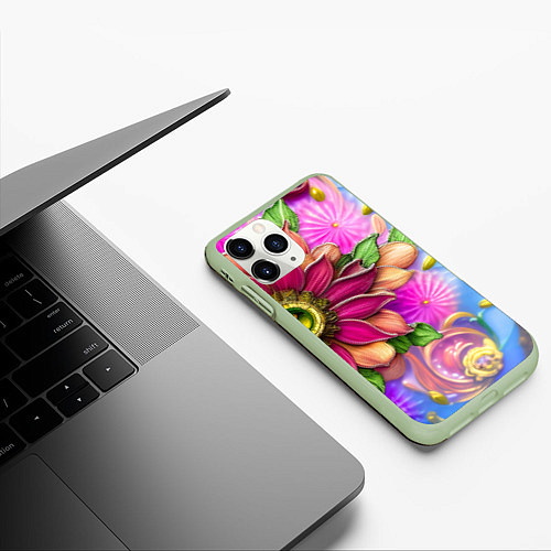 Чехол iPhone 11 Pro матовый Розовый цветок стеклянный орнамент / 3D-Салатовый – фото 3