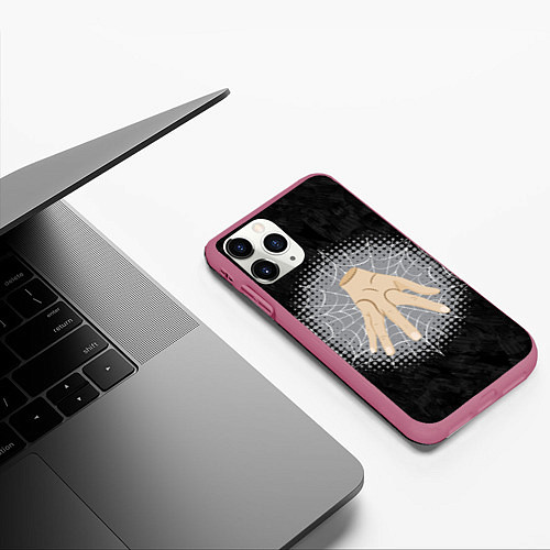Чехол iPhone 11 Pro матовый Жуткая рука зомби в паутине / 3D-Малиновый – фото 3