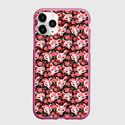 Чехол iPhone 11 Pro матовый Маски лисиц кицунэ и камелия на черном, цвет: 3D-малиновый