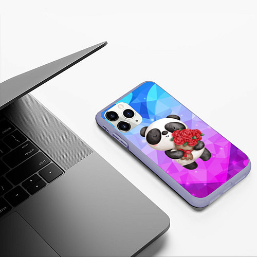 Чехол iPhone 11 Pro матовый Панда с букетом цветов / 3D-Светло-сиреневый – фото 3