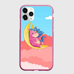 Чехол iPhone 11 Pro матовый Единорог на месяце, цвет: 3D-малиновый