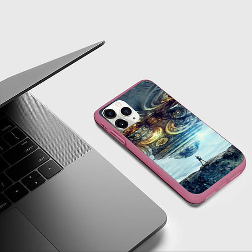 Чехол iPhone 11 Pro матовый Космический корабль и девушка / 3D-Малиновый – фото 3