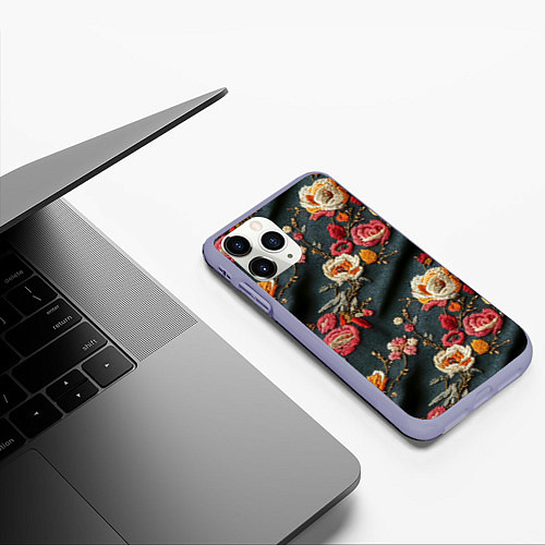 Чехол iPhone 11 Pro матовый Эффект вышивки разные цветы / 3D-Светло-сиреневый – фото 3