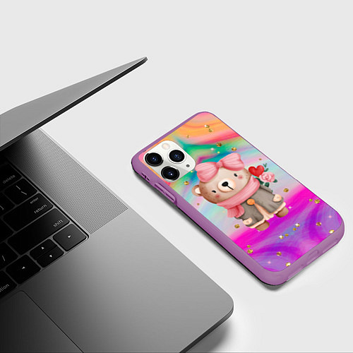 Чехол iPhone 11 Pro матовый Мишка с сердечком и цветком / 3D-Фиолетовый – фото 3