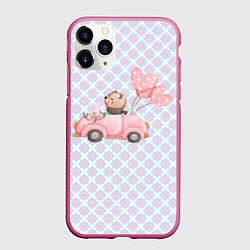 Чехол iPhone 11 Pro матовый Мишка едет в авто, цвет: 3D-малиновый