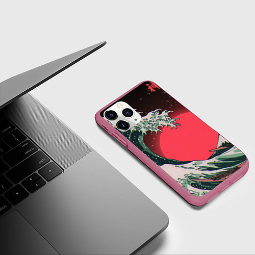 Чехол iPhone 11 Pro матовый Японская волна в красном цвете / 3D-Малиновый – фото 3