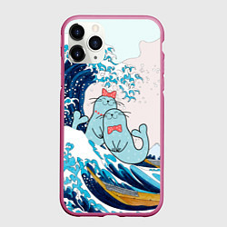 Чехол iPhone 11 Pro матовый Влюбленные тюлени у большой волны Канагава, цвет: 3D-малиновый