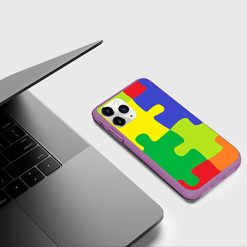 Чехол iPhone 11 Pro матовый Пазлы разноцветные / 3D-Фиолетовый – фото 3