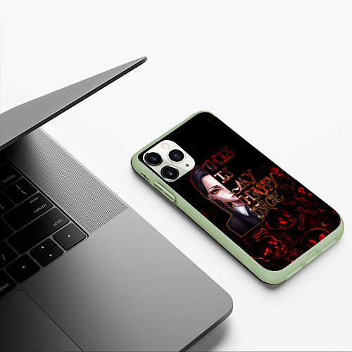 Чехол iPhone 11 Pro матовый Уэнсдей My Happy Face / 3D-Салатовый – фото 3