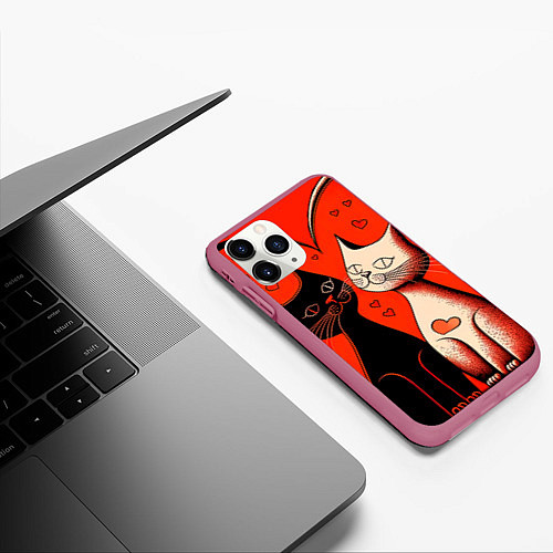 Чехол iPhone 11 Pro матовый Влюблённые кошки на красном фоне / 3D-Малиновый – фото 3