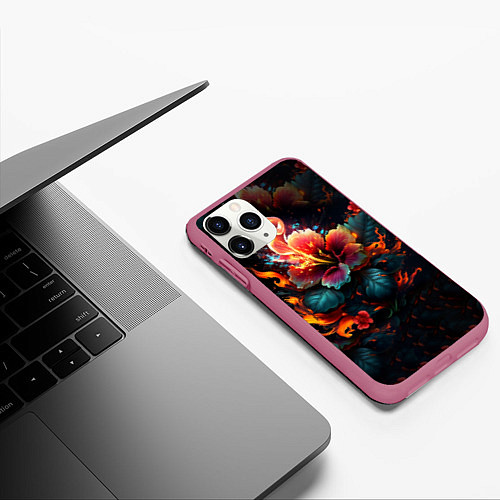 Чехол iPhone 11 Pro матовый Огненный цветок на темном фоне / 3D-Малиновый – фото 3