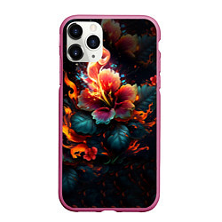 Чехол iPhone 11 Pro матовый Огненный цветок на темном фоне, цвет: 3D-малиновый
