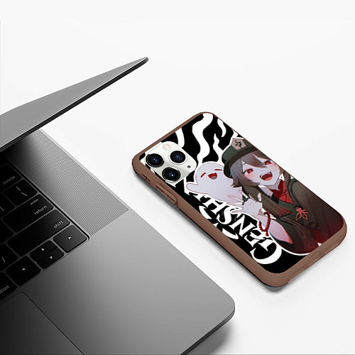 Чехол iPhone 11 Pro матовый Hu Tao - белые языки пламени / 3D-Коричневый – фото 3