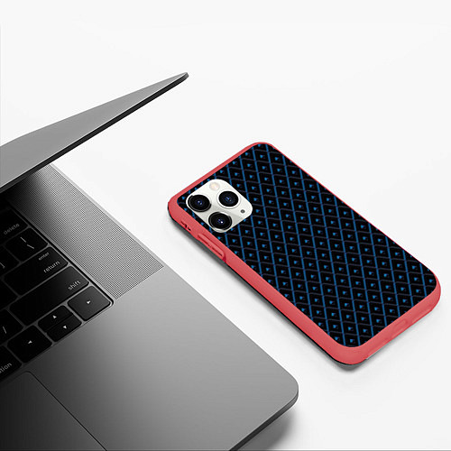 Чехол iPhone 11 Pro матовый Ромбики синие / 3D-Красный – фото 3