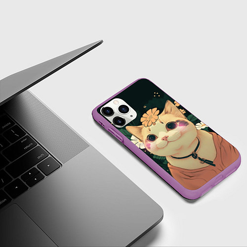Чехол iPhone 11 Pro матовый Смущённый мемный котик / 3D-Фиолетовый – фото 3
