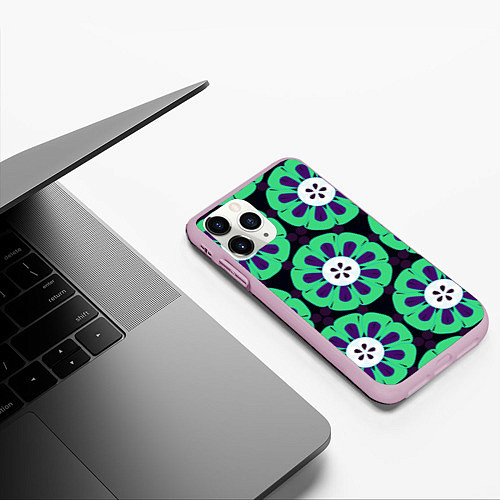 Чехол iPhone 11 Pro матовый Паттерн голубо-зеленые зубастые цветы / 3D-Розовый – фото 3