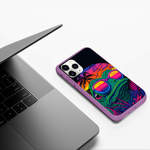 Чехол iPhone 11 Pro матовый Лягушонок Пепе на неоновом отдыхе / 3D-Фиолетовый – фото 3