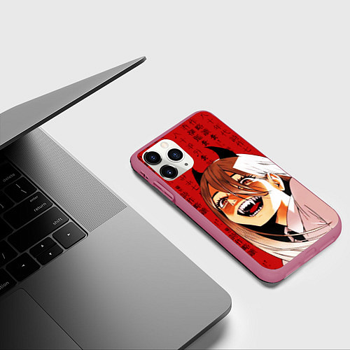 Чехол iPhone 11 Pro матовый Человек - бензопила Пауэр и иероглифы / 3D-Малиновый – фото 3