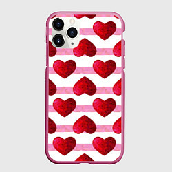 Чехол iPhone 11 Pro матовый Сердечки и полоски - паттерн на день святого вален, цвет: 3D-малиновый