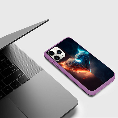 Чехол iPhone 11 Pro матовый Две части каменного брутального сердца в неоне / 3D-Фиолетовый – фото 3