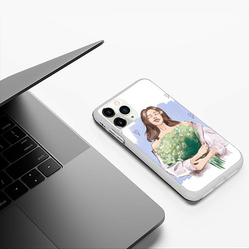 Чехол iPhone 11 Pro матовый Девушка с ромашками на синем фоне / 3D-Белый – фото 3