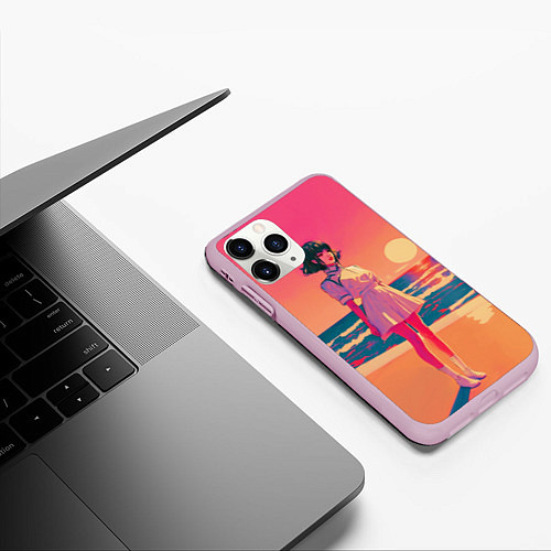 Чехол iPhone 11 Pro матовый Аниме-девушка в белом платье на фоне розового зака / 3D-Розовый – фото 3
