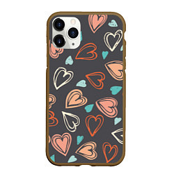 Чехол iPhone 11 Pro матовый Много сердец, цвет: 3D-коричневый