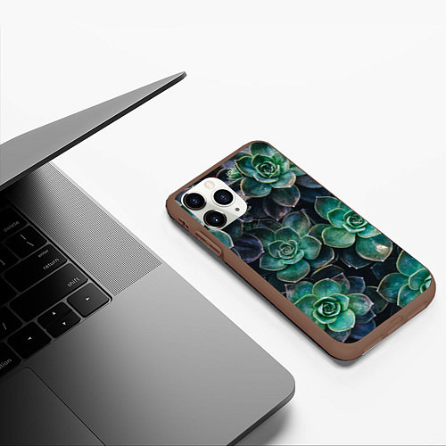 Чехол iPhone 11 Pro матовый Паттерн из множество зелёных цветов / 3D-Коричневый – фото 3