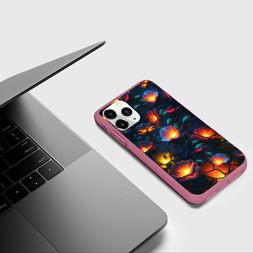 Чехол iPhone 11 Pro матовый Светящиеся цветы / 3D-Малиновый – фото 3