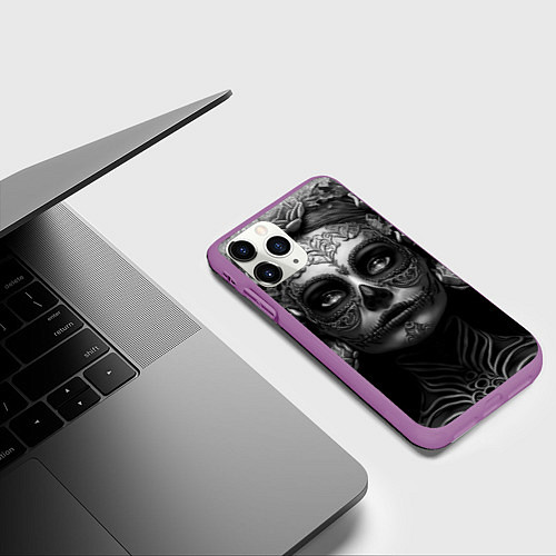 Чехол iPhone 11 Pro матовый Девушка с макияжем для дня мертвых / 3D-Фиолетовый – фото 3