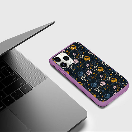 Чехол iPhone 11 Pro матовый Растительный паттерн с котиками / 3D-Фиолетовый – фото 3