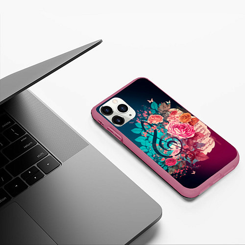 Чехол iPhone 11 Pro матовый Цветы и музыкальная нота / 3D-Малиновый – фото 3