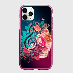 Чехол iPhone 11 Pro матовый Цветы и музыкальная нота, цвет: 3D-малиновый