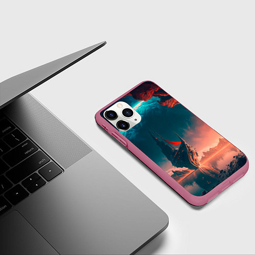 Чехол iPhone 11 Pro матовый Абстрактный летающий корабль и луна / 3D-Малиновый – фото 3