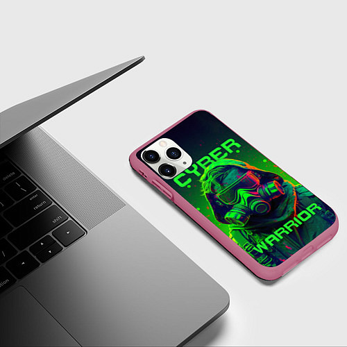 Чехол iPhone 11 Pro матовый Кибер воин в стиле киберпанк / 3D-Малиновый – фото 3