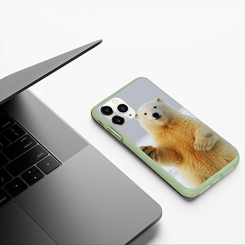 Чехол iPhone 11 Pro матовый Белый медведь приветствует / 3D-Салатовый – фото 3