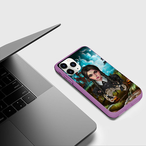 Чехол iPhone 11 Pro матовый Нарисованная дочь Уэнздей / 3D-Фиолетовый – фото 3
